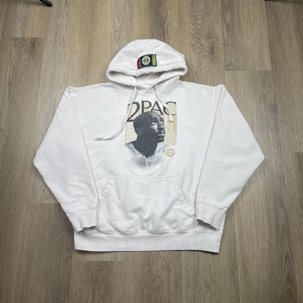 2Pac Shakur Cross Colours Hoodie Mens Large White Graphic Hip Hop Rap Pullover